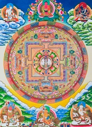 Mandala z tysiącrękim Awalokiteśwarą; święty, magiczny krąg przedstawiający jedenastogłowego bodhisattwę, symbol nieskończonego współczucia