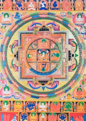 Pancha Buddha Mandala, przedstawiająca pięć postaci Buddy symbolizujących pięć rodzajów mądrości (gwasz na płótnie)