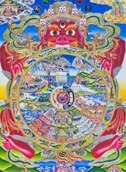Mandala Koła Życia, przedstawiająca Kalaczakrę, czyli złudną egzystencję trzymaną w paszczy Jamy, boga śmierci symbolizującego narodziny, śmierć i ponowne narodziny