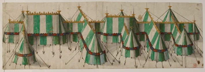 Bawełna Augustus III, f.19 Projekt pawilonu królewskiego w kolorach Tudorów, bieli i zieleni, podobno dla Henryka VIII na Polu Złotego Płótna