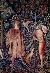Wychodzenie z życia majestatycznego: wyjazd na polowanie. Szczegół. Gobelin z wełny i jedwabiu wykonany około 1520 roku w Holandii. Paryż, Narodowe Muzeum Średniowiecza, Thermes de Cluny