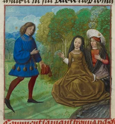 Harley 4425 f.90v Kochanek spotykający się z Richesse (Bogactwo) z Roman de la Rose autorstwa Guillaume de Lorris i Jean de Meun, c. 1490-c. 1500 (welum)