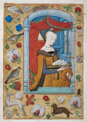 Kings 9, f.62v Pochwała św. Małgorzaty. Święta z krzyżem w lewej ręce, czyta pod baldachimem, a za nią smok. Granice dekoracji trompe l