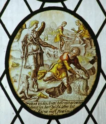 Roundel: Tobiasz łapie rybę (witraż)