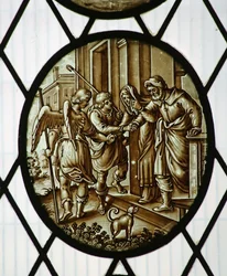 Roundel: Tobiasz odchodzi z aniołem, prawdopodobnie z XIX wieku (witraże)