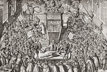 Studenci uczęszczający na zajęcia z anatomii na Uniwersytecie w Lejdzie, z "Geschiedenis van Nederland", wyd. 1936 (druk)