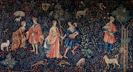 Zasłona życia panowania: scena galante. Gobelin z wełny i jedwabiu wykonany około 1520 roku w Holandii. Słońce 2,6x3,7 m Paryż, Narodowe Muzeum Średniowiecza, Thermes de Cluny