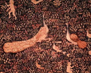 Kurtyna życia pańskiego: detal przedstawiający ptaki i pawia. Gobelin z wełny i jedwabiu wykonany około 1520 roku w Niderlandach. 2,6 x 3,7 m, Paryż, Narodowe Muzeum Średniowiecza, Termy Cluny
