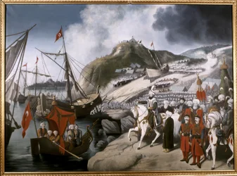 OTTOMAN EMPIRE: Wodowanie statków sułtana Mehmeta Zdobywcy do Złotego Rogu podczas ... (olej na płótnie)