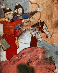 Łucznicy mongolskiego przywódcy Tamerlana (1336-1405) (lub Timura Langa, Timura chromego”””) podczas bitwy o Ankarę (Ancyra lub Ankora), który 20.07.1402 r. widział zwycięstwo Mongołów nad Osmanami armia”” Szczegóły. Biblioteka Muzeum Topkapi Sarayi Ist