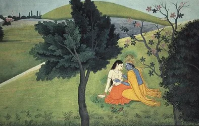 Kryszna ozdabiający pierś Radhy, z serii „Gita Govinda”, przypisywany Kuszali lub Gaudhu, Kangra, Himachal Pradesh, około 1780