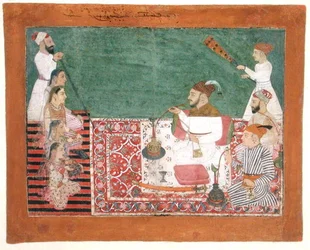 Rajah Deep Chand i przyjaciele palący fajkę wodną, Bijapur, ok. 1760 (gwasz na papierze)
