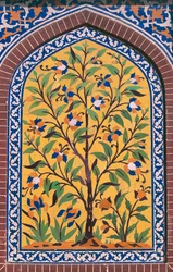 Kwitnące drzewo, dekoracja z majoliki, meczet Wazir Khan (XVII wiek), Lahore, Pendżab, Pakistan