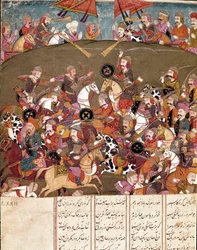 Sztuka islamu: scena bitwy. Perska miniatura z rękopisu epickiego poematu „Shahnameh” (Shah Nama, Shahnama) (Księga Królów) Ferdowsiego (Firdawsi lub Ferdawsi lub Firdousi, ok. 940–ok. 1020) Biblioteca Nazionale Naples