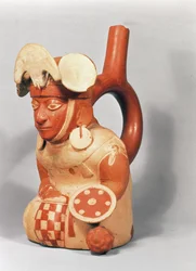 Mochican wazon ze strzemionami w kształcie wojownika, 300-800 ne (terakota)