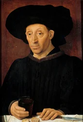 Portret mężczyzny z lampką wina Malarstwo Szkoły Portugalskiej. XV w. niedz. 0,63x0,43 m²