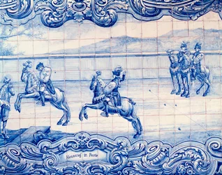 Jeździec ćwiczący grę w Alcancias w Portugalii. Azulejos. Ambasada Włoch, Lizbona