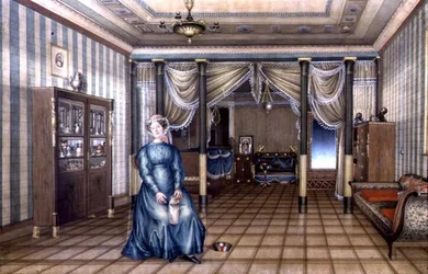 Panna w neoklasycznym wnętrzu salonu, ok. 1835 (akwarela z podwyższeniem na papierze)