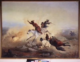 Drapieżny atak. Bitwa i pościg konny w górach Dagestanu (Daghestan), między armią rosyjską a bojownikami kaukaskimi, w latach 1830-1860. Obraz rosyjskiego mistrza, olej na płótnie. Sztuka rosyjska