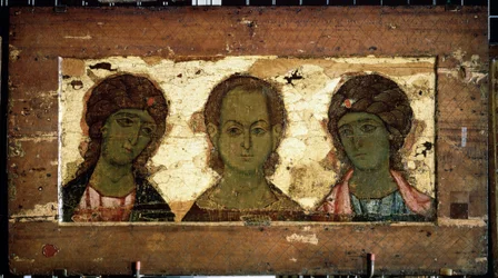 Chrystus Emanuel w otoczeniu Archaniołów Michała i Gabriela (Chrystus Emanuel z Archaniołami Michałem i Gabrielem). Ikona rosyjska, tempera na drewnie, koniec XII wieku. Sztuka Włodzimierza (Rosja). Państwowa Galeria Tretiakowska, Moskwa (Rosja).