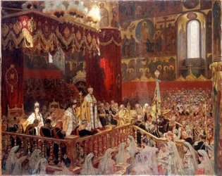 Koronacja Mikołaja II w 1896 roku w soborze Zaśnięcia Matki Bożej w Moskwie - anonimowy obraz rosyjski
