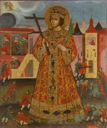 Dymitr Iwanowicz (1582-1591) (carewicz Demetriusz lub Dymitr, lub Dymitr Uglicki, lub Dymitr Moskiewski) - Rosyjska ikona: carewicz Demetriusz ze scenami morderstwa. Tempera na desce, początek XIX wieku, Państwowe Muzeum Architektury, Historii i Sztuki