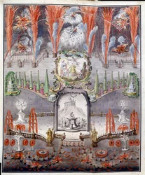 Fajerwerki i iluminacja 17 września 1747 roku w Gostilicach (Rosja). Dzieło anonimowe, miedzioryt kolorowany akwarelą, połowa XVIII wieku. Sztuka rosyjska