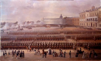 Odsłonięcie w 1852 roku pomnika poświęconego Pawłowi I w Gatczynie za panowania Mikołaja I (Rosja). Malarstwo Szkoły Rosyjskiej. Sankt Petersburg, Château De Peterhof