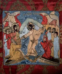 Zejście do piekła - fragment całunu autorstwa rosyjskiego mistrza, wełna, jedwab oraz złota i srebrna nić