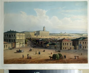 Dworzec kolejowy w Moskwie. Malarstwo rosyjskiego mistrza. Olej na płótnie, ok. 1830-1840. XIX-wieczna sztuka rosyjska. Muzeum Pamięci A. Puszkina, Sankt Petersburg.