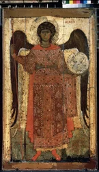 Ikona rosyjska "Archanioł Święty Michał". Malowanie na drewnie. Około 1300. Państwowa Galeria Trietiakowska, Moskwa
