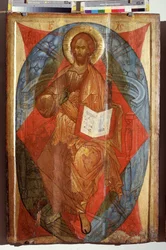 Chrystus w majestacie, Zbawiciel świata (Chrystus w majestacie, Zbawiciel świata). Jezus Chrystus w majestacie (w chwale) w mandorli czyniący znak błogosławieństwa. Ikona rosyjska, tempera na drewnie, początek XVI w., sztuka z Rostowa Suzdala. Stan A.Rubl