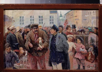 Targ zwierząt na placu Trubnaya w Moskwie. (Tłum między klatkami a sprzedawcami zwierząt). Dzieło rosyjskiego mistrza, olej na płótnie, II poł. XIX w. Państwowe Centralne Muzeum Literackie, Moskwa.