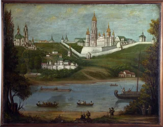 Klasztor Jaskiń w Kijowie (Ukraina) (Kijowski Klasztor Jaskiń). Malarstwo anonimowe, olej na płótnie, połowa XIX wieku. Klasycyzm sztuka rosyjska. Państwowe Muzeum Historii Religii w Petersburgu.