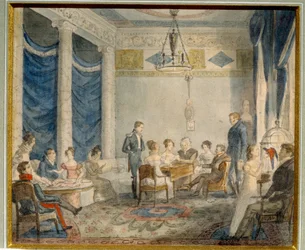 Salon rodzinny Oleninów w Priyutino (Rosja). (Salon Rodziny Oleninów w Priyutino). Spotkanie artystyczno-literackie w rezydencji pod Petersburgiem Aleksieja (Aleksina) Nikołajewicza Olenina (1778-1836), uczonego i męża stanu,