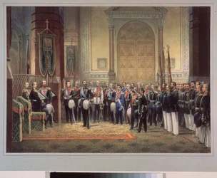 Przysięga wierności carewicza Mikołaja Aleksandrowicza Romanowa z Rosji (1843-1865) w kościele wojskowym. Praca rosyjskiego mistrza, akwarela na papierze