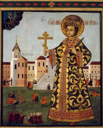 Carewicz Demetriusz (1582-1591) (lub Dymitr z Moskwy przed miastem Uglicz w Rosji). Malarstwo anonimowe, tempera na drewnie