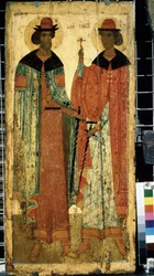 „Święci Borys i Gleb, synowie Włodzimierza I z Kijowa”” Ikona rosyjska. Malarstwo na drewnie około 1450 r. Państwowa Galeria Trietiakowska, Moskwa