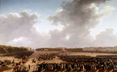 Parada na Polach Marsowych, na pierwszym planie Aleksander Puszkin (Puszkin) (1799-1837) i Mikołaj I (1796-1855) na koniu jadący dorożką przed imperatorem w Paryżu Malarstwo Szkoły Rosyjskiej. 1825-1830. Sankt Petersburg, Muzeum