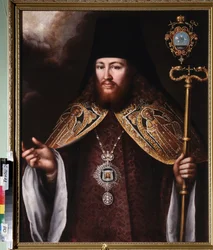 Portret archimandryty Gedeona Krinowskiego (1726-1763). (Przełożony klasztoru prawosławnego (opat), ubrany w klobouk (nakrycie głowy) i klejnot pektorałowy przedstawiający Całun). Obraz rosyjskiego mistrza, olej na płótnie