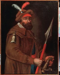 Portret przywódcy kozackiego Jermaka Timofiejewicza (urodzonego między 1532 a 1542-1585), zdobywcy Syberii. Obraz anonimowy, początek XVIII wieku. Państwowe Muzeum Sztuki, Tomsk (Rosja).