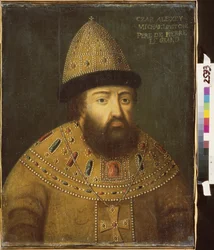 Portret cara Rosji Aleksisa I Michajłowicza (1629-1676). Obraz rosyjskiego mistrza, olej na płótnie, koniec XVII wieku. Stara sztuka rosyjska. Muzeum Sztuki im. M. Kroszyckiego, Sewastopol (Ukraina).