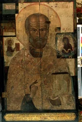 „Reprezentacja św. Mikołaja z Myry lub Bari (270-345)”” Ikona rosyjska. Malarstwo na drewnie z końca XIV wieku. Państwowa Galeria Tretiakowska, Moskwa