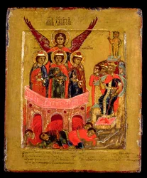 Rosyjska ikona przedstawiająca Szadracha, Meszacha i Abednego w piecu ognistym, szkoła moskiewska, ok. 1600 r. (panel)