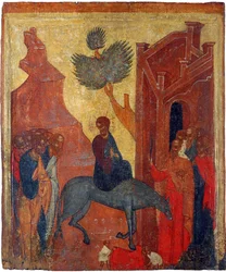 Ikona rosyjska: Wjazd Chrystusa do Jerozolimy. Tempera na desce, II poł. XV w., Muzeum Historii i Sztuki, Suzdal