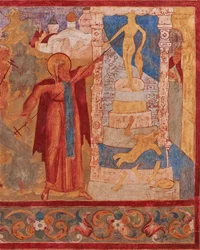Święty Abraham z Rostowa (śmiertelny w 1074 lub 1077) detruit les idoles de Veles - Abraham z Rostowa niszczy posąg Velesa. Fresk kościoła św. Jana Apostoła na Kremlu Rostowskim - Starożytne rosyjskie freski. Chłodny