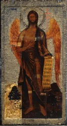 Św. Jan Chrzciciel, Anioł Pustyni (Jan Chrzciciel, Anioł Rozszerzeń). Ikona rosyjska, farba jajeczna i tempera na drewnie, koniec XVI wieku. Stara sztuka rosyjska. Państwowa Galeria Tretiakowska, Moskwa