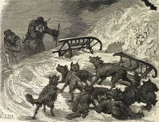 Syberia. Sanie przewrócone, rosyjski artysta (Grawerowanie),