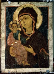 ""Virgin Hodegetria (Hodigitria)"" Dziewica Maryja i Dzieciątko Jezus, którego aureola jest naznaczona krzyżem. Ikona rosyjska. Malarstwo na drewnie z końca XIII wieku. Państwowa Galeria Tretiakowska, Moskwa