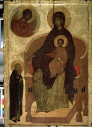 Ikona Rosyjska "Madonna z Dzieciątkiem i Świętym Sergiuszem". Malarstwo na drewnie z XV-wiecznego Państwowego Muzeum Historycznego w Moskwie